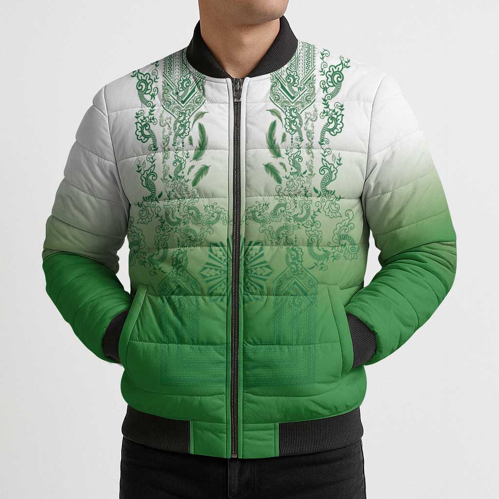 Philippines Barong Style Bomber Puffer Jacket with Polynesian Art and Leaf Motif Green Color