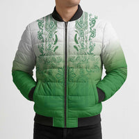 Philippines Barong Style Bomber Puffer Jacket with Polynesian Art and Leaf Motif Green Color