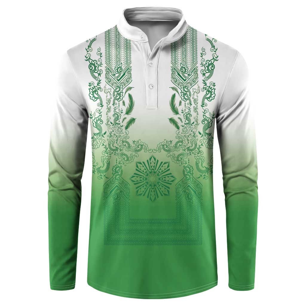 Philippines Barong Style Button Sweatshirt with Polynesian Art and Leaf Motif Green Color LT03 Green - Polynesian Pride