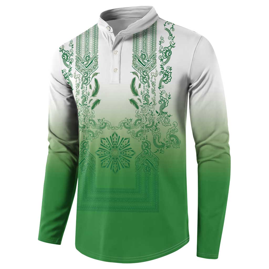 Philippines Barong Style Button Sweatshirt with Polynesian Art and Leaf Motif Green Color LT03 - Polynesian Pride