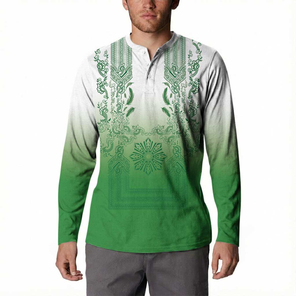 Philippines Barong Style Button Sweatshirt with Polynesian Art and Leaf Motif Green Color LT03 - Polynesian Pride