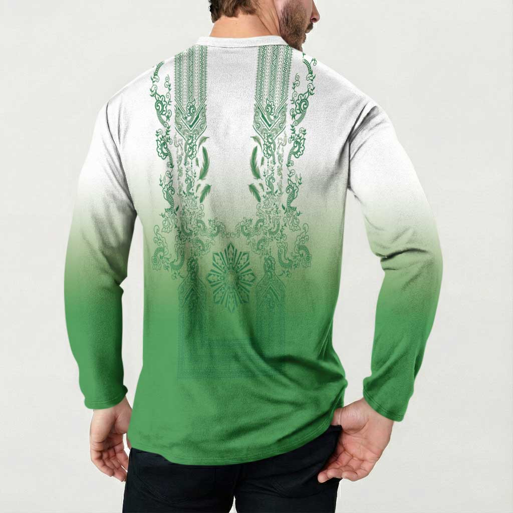 Philippines Barong Style Button Sweatshirt with Polynesian Art and Leaf Motif Green Color LT03 - Polynesian Pride
