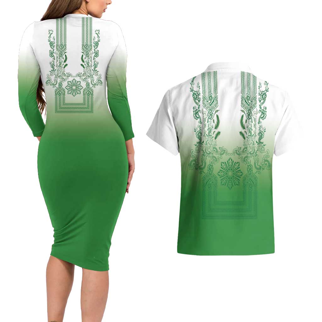 Philippines Barong Style Couples Matching Long Sleeve Bodycon Dress and Hawaiian Shirt with Polynesian Art and Leaf Motif Green Color