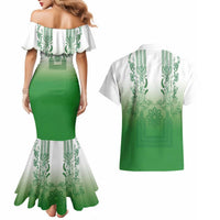 Philippines Barong Style Couples Matching Mermaid Dress and Hawaiian Shirt with Polynesian Art and Leaf Motif Green Color
