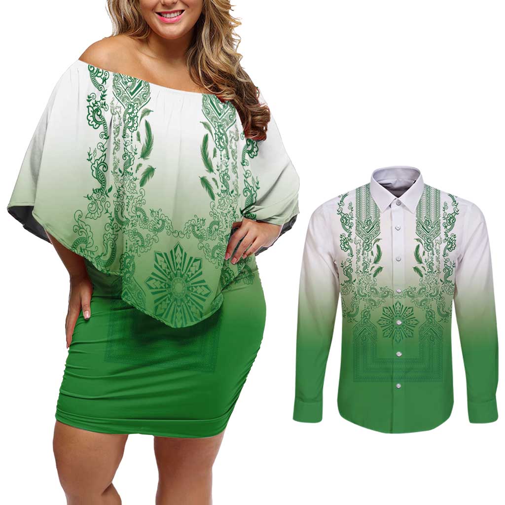 Philippines Barong Style Couples Matching Off Shoulder Short Dress and Long Sleeve Button Shirt with Polynesian Art and Leaf Motif Green Color LT03 Green - Polynesian Pride