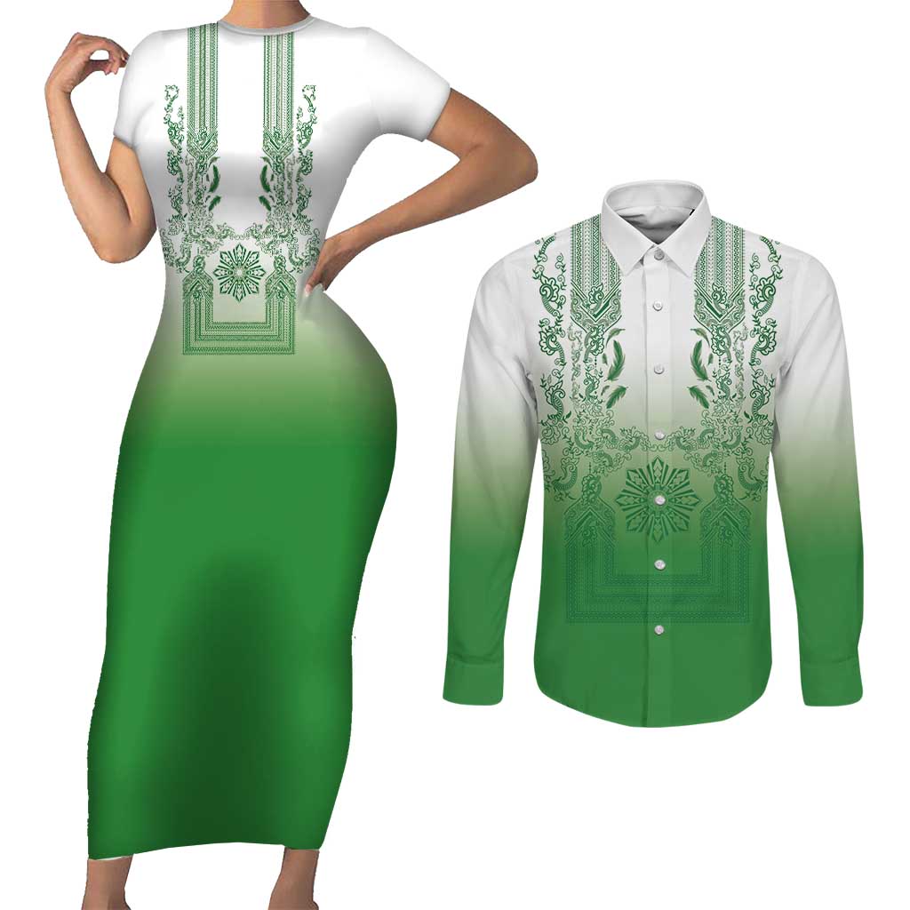 Philippines Barong Style Couples Matching Short Sleeve Bodycon Dress and Long Sleeve Button Shirt with Polynesian Art and Leaf Motif Green Color