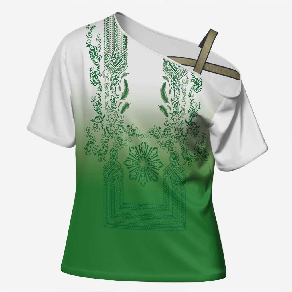 Philippines Barong Style Cross Shoulder Shirt with Polynesian Art and Leaf Motif Green Color