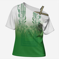 Philippines Barong Style Cross Shoulder Shirt with Polynesian Art and Leaf Motif Green Color