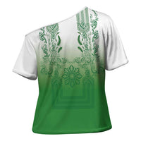 Philippines Barong Style Cross Shoulder Shirt with Polynesian Art and Leaf Motif Green Color