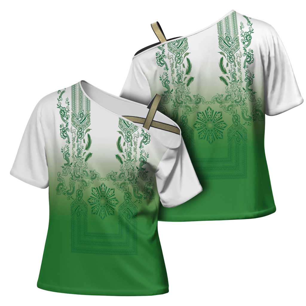 Philippines Barong Style Cross Shoulder Shirt with Polynesian Art and Leaf Motif Green Color
