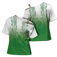 Philippines Barong Style Cross Shoulder Shirt with Polynesian Art and Leaf Motif Green Color