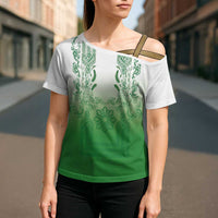 Philippines Barong Style Cross Shoulder Shirt with Polynesian Art and Leaf Motif Green Color