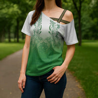 Philippines Barong Style Cross Shoulder Shirt with Polynesian Art and Leaf Motif Green Color
