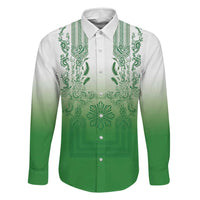 Philippines Barong Style Family Matching Off Shoulder Maxi Dress and Hawaiian Shirt with Polynesian Art and Leaf Motif Green Color