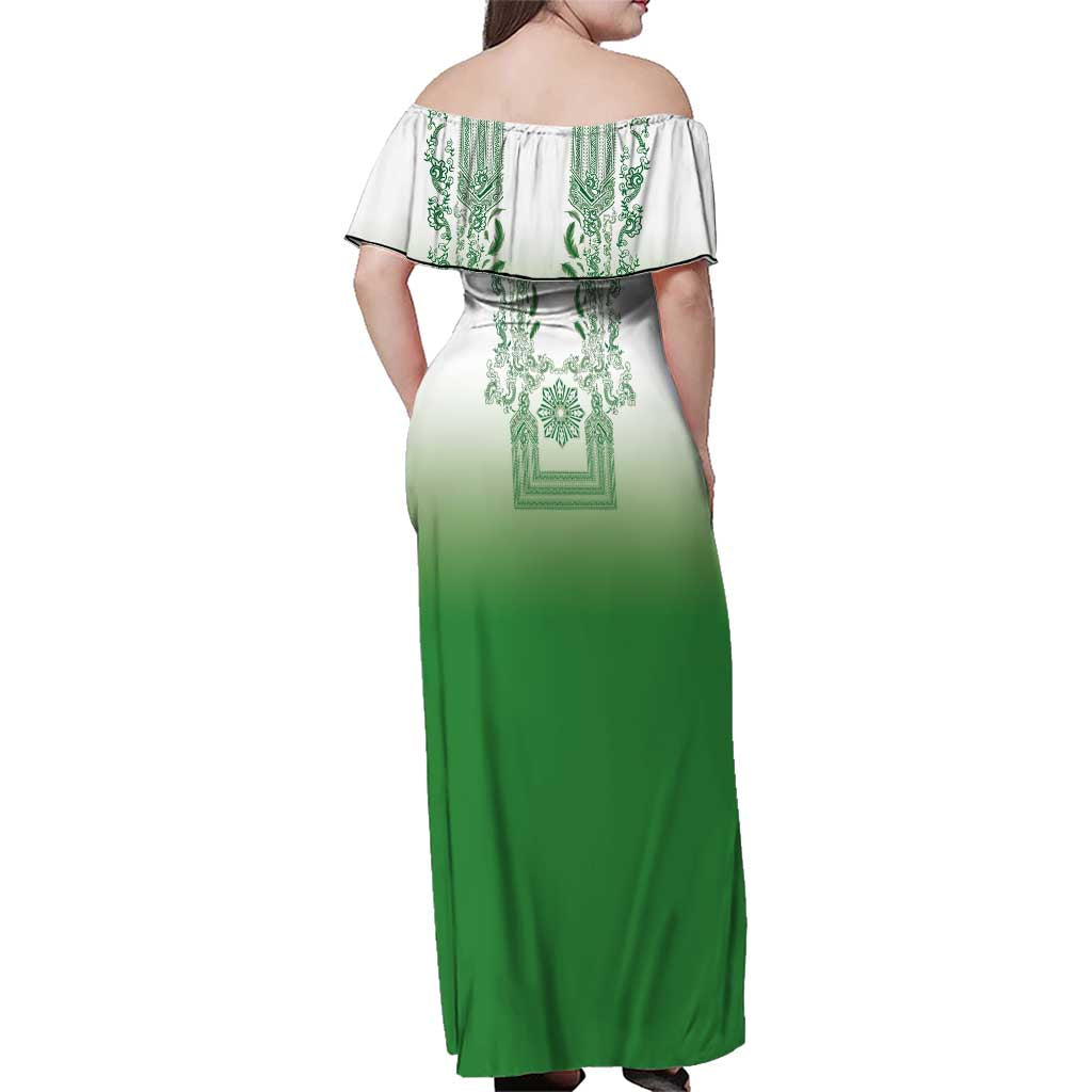 Philippines Barong Style Family Matching Off Shoulder Maxi Dress and Hawaiian Shirt with Polynesian Art and Leaf Motif Green Color