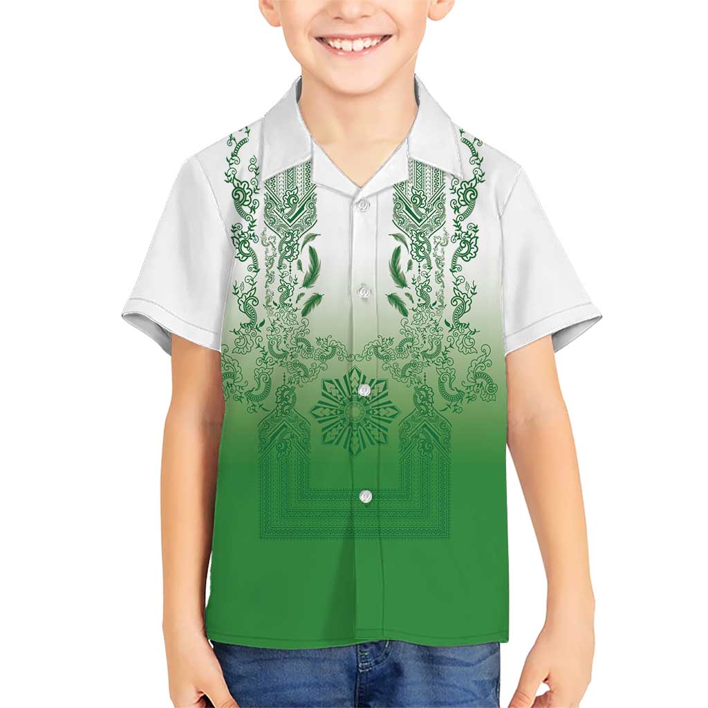 Philippines Barong Style Family Matching Off Shoulder Maxi Dress and Hawaiian Shirt with Polynesian Art and Leaf Motif Green Color