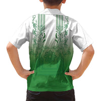 Philippines Barong Style Family Matching Short Sleeve Bodycon Dress and Hawaiian Shirt with Polynesian Art and Leaf Motif Green Color