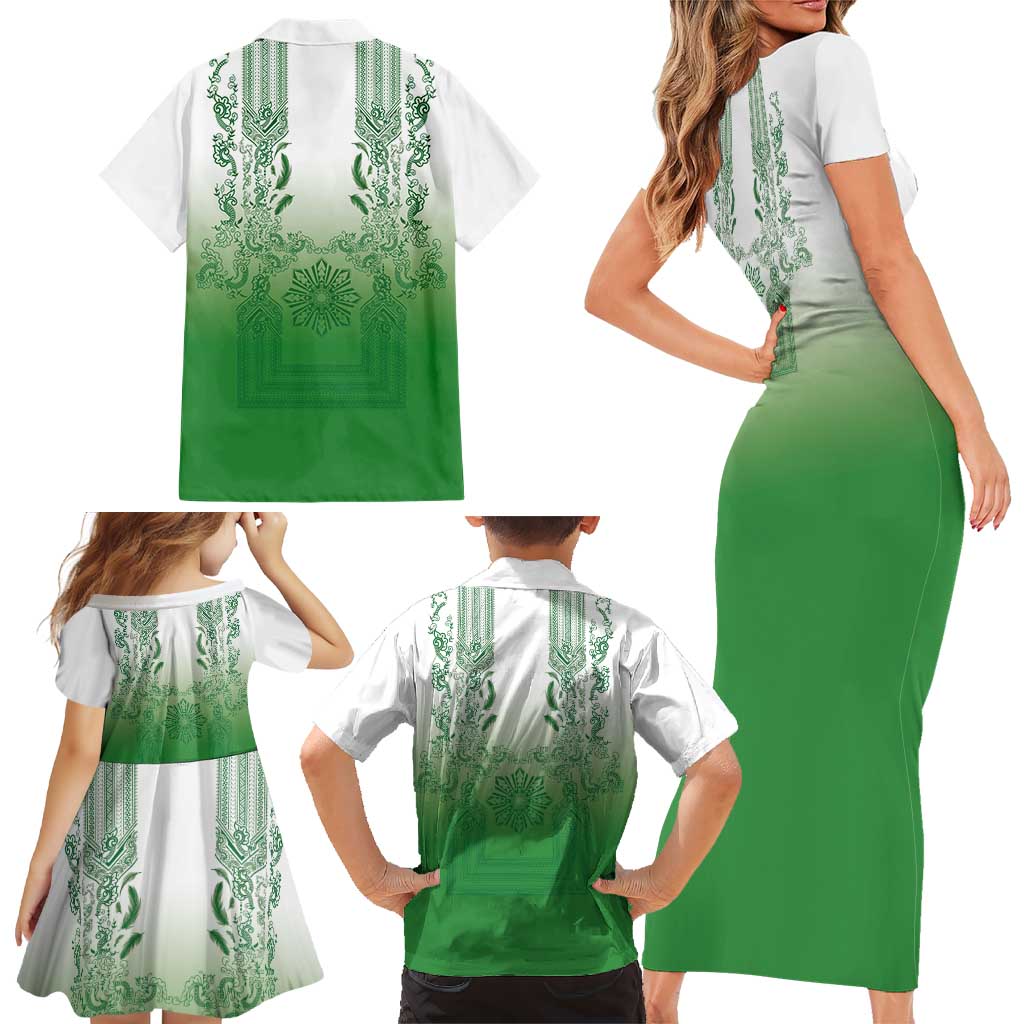 Philippines Barong Style Family Matching Short Sleeve Bodycon Dress and Hawaiian Shirt with Polynesian Art and Leaf Motif Green Color