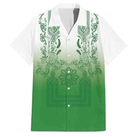 Philippines Barong Style Family Matching Short Sleeve Bodycon Dress and Hawaiian Shirt with Polynesian Art and Leaf Motif Green Color