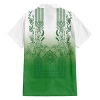 Philippines Barong Style Family Matching Short Sleeve Bodycon Dress and Hawaiian Shirt with Polynesian Art and Leaf Motif Green Color