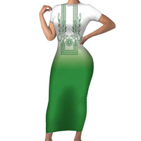 Philippines Barong Style Family Matching Short Sleeve Bodycon Dress and Hawaiian Shirt with Polynesian Art and Leaf Motif Green Color