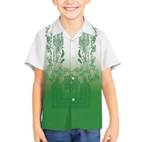 Philippines Barong Style Family Matching Short Sleeve Bodycon Dress and Hawaiian Shirt with Polynesian Art and Leaf Motif Green Color