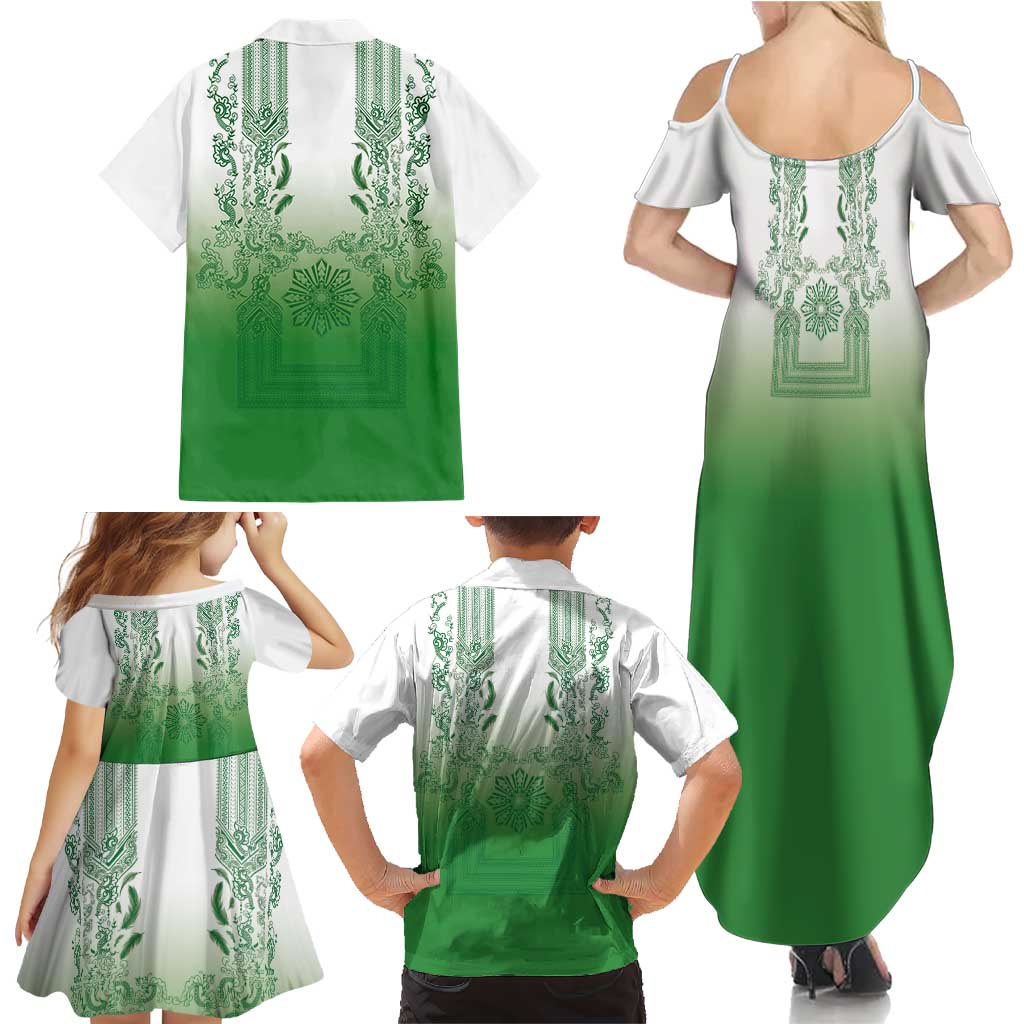 Philippines Barong Style Family Matching Summer Maxi Dress and Hawaiian Shirt with Polynesian Art and Leaf Motif Green Color