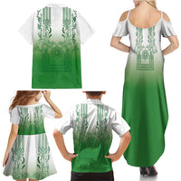 Philippines Barong Style Family Matching Summer Maxi Dress and Hawaiian Shirt with Polynesian Art and Leaf Motif Green Color