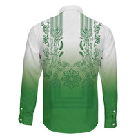 Philippines Barong Style Family Matching Summer Maxi Dress and Hawaiian Shirt with Polynesian Art and Leaf Motif Green Color