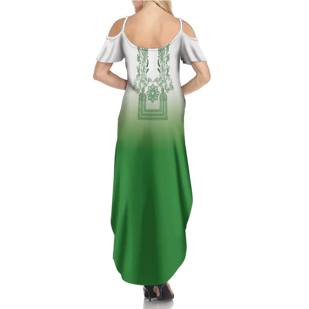 Philippines Barong Style Family Matching Summer Maxi Dress and Hawaiian Shirt with Polynesian Art and Leaf Motif Green Color