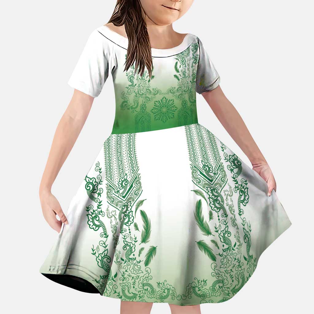 Philippines Barong Style Family Matching Tank Maxi Dress and Hawaiian Shirt with Polynesian Art and Leaf Motif Green Color