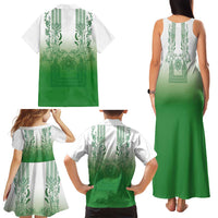 Philippines Barong Style Family Matching Tank Maxi Dress and Hawaiian Shirt with Polynesian Art and Leaf Motif Green Color