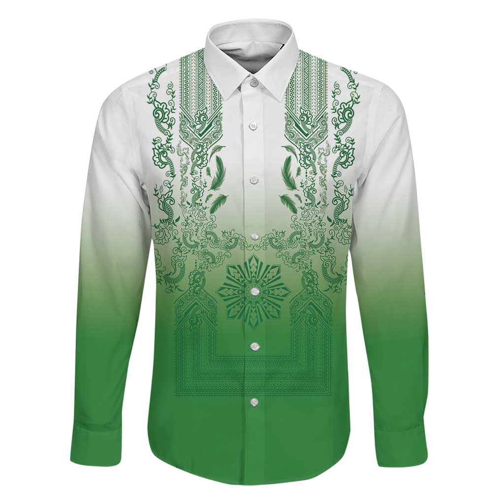 Philippines Barong Style Family Matching Tank Maxi Dress and Hawaiian Shirt with Polynesian Art and Leaf Motif Green Color