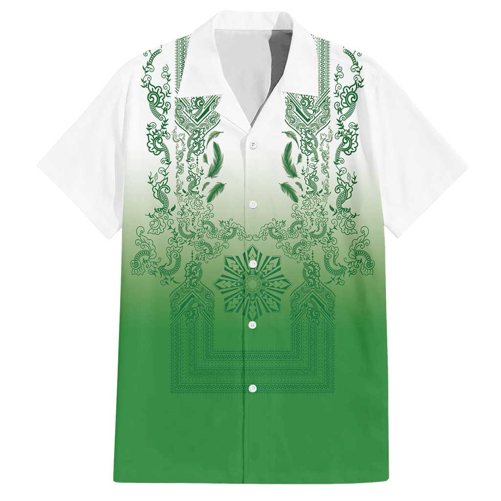 Philippines Barong Style Hawaiian Shirt with Polynesian Art and Leaf Motif Green Color LT03 Green - Polynesian Pride
