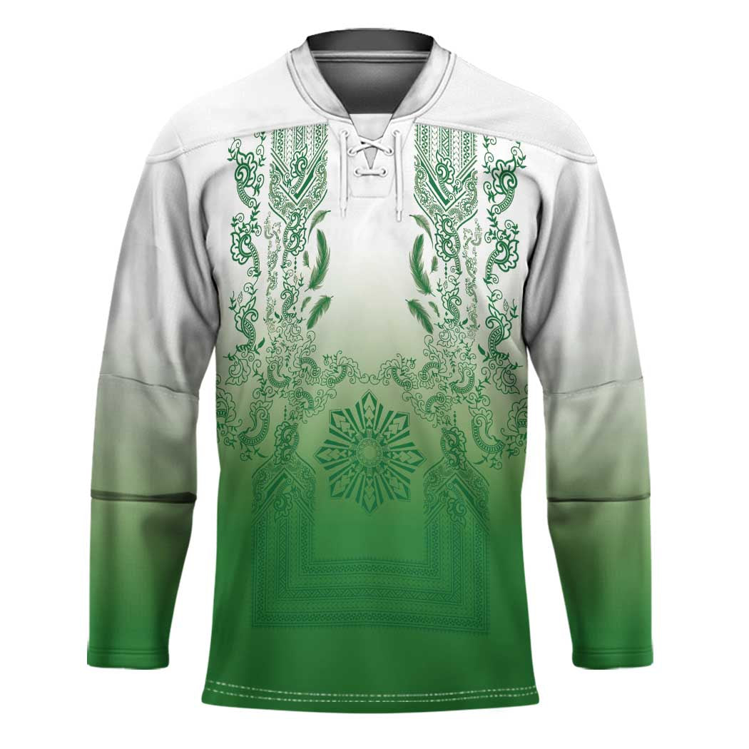 Philippines Barong Style Hockey Jersey with Polynesian Art and Leaf Motif Green Color LT03 Unisex Green - Polynesian Pride