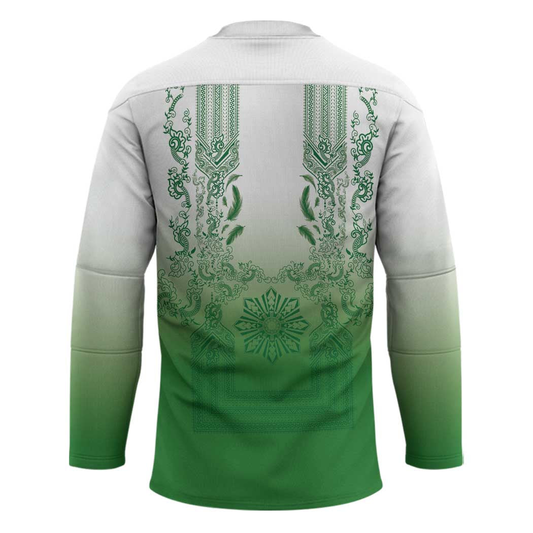 Philippines Barong Style Hockey Jersey with Polynesian Art and Leaf Motif Green Color LT03 - Polynesian Pride