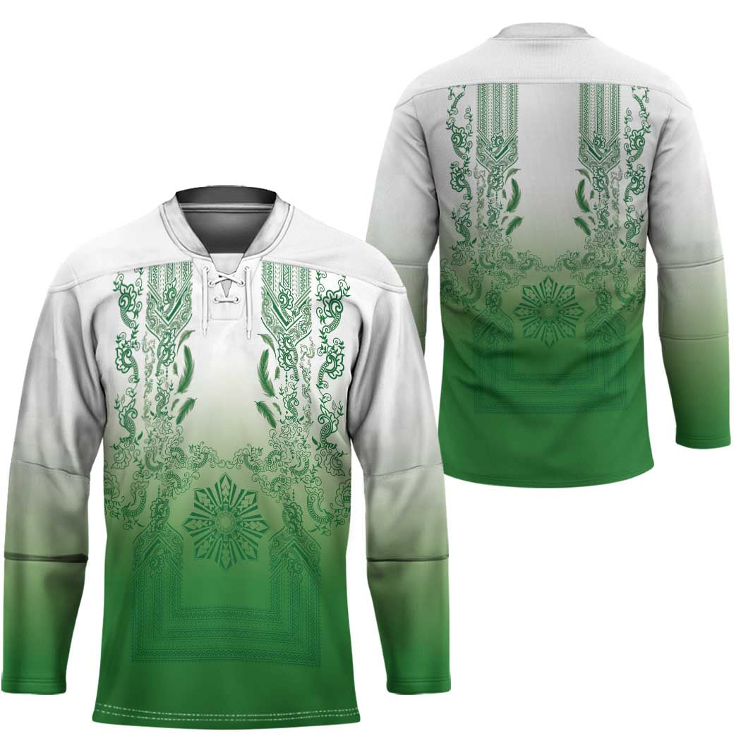 Philippines Barong Style Hockey Jersey with Polynesian Art and Leaf Motif Green Color LT03 - Polynesian Pride