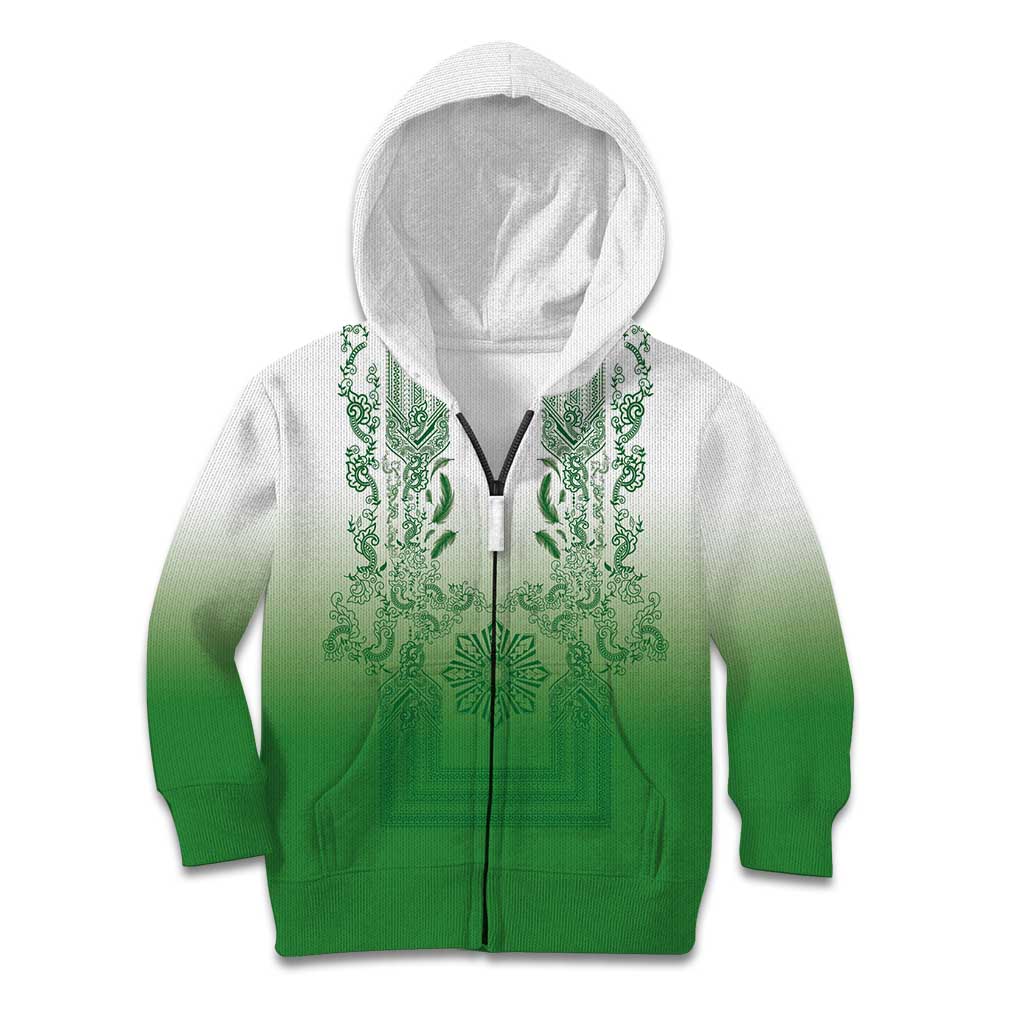 Philippines Barong Style Kid Hoodie with Polynesian Art and Leaf Motif Green Color LT03 Zip Hoodie Green - Polynesian Pride