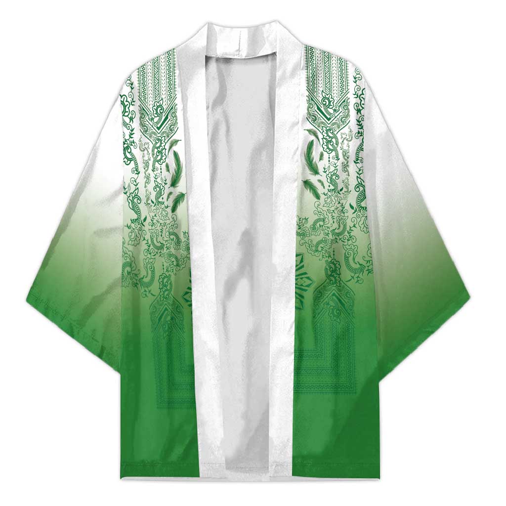 Philippines Barong Style Kimono with Polynesian Art and Leaf Motif Green Color