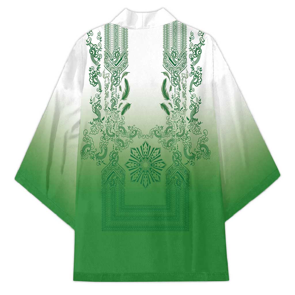 Philippines Barong Style Kimono with Polynesian Art and Leaf Motif Green Color
