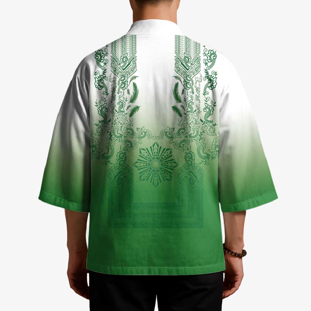 Philippines Barong Style Kimono with Polynesian Art and Leaf Motif Green Color