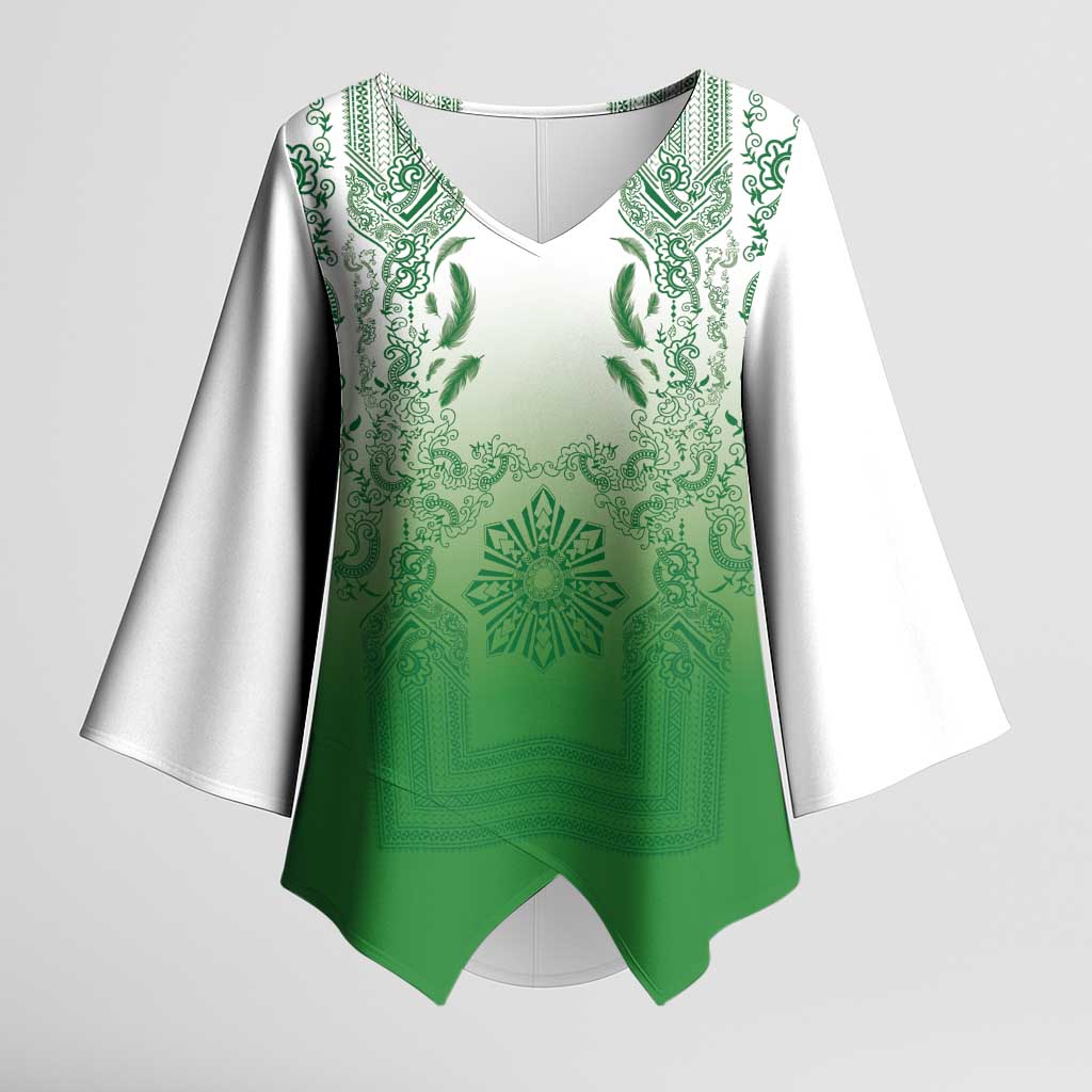 Philippines Barong Style Kimono Sleeve Blouse with Polynesian Art and Leaf Motif Green Color LT03 Female Green - Polynesian Pride