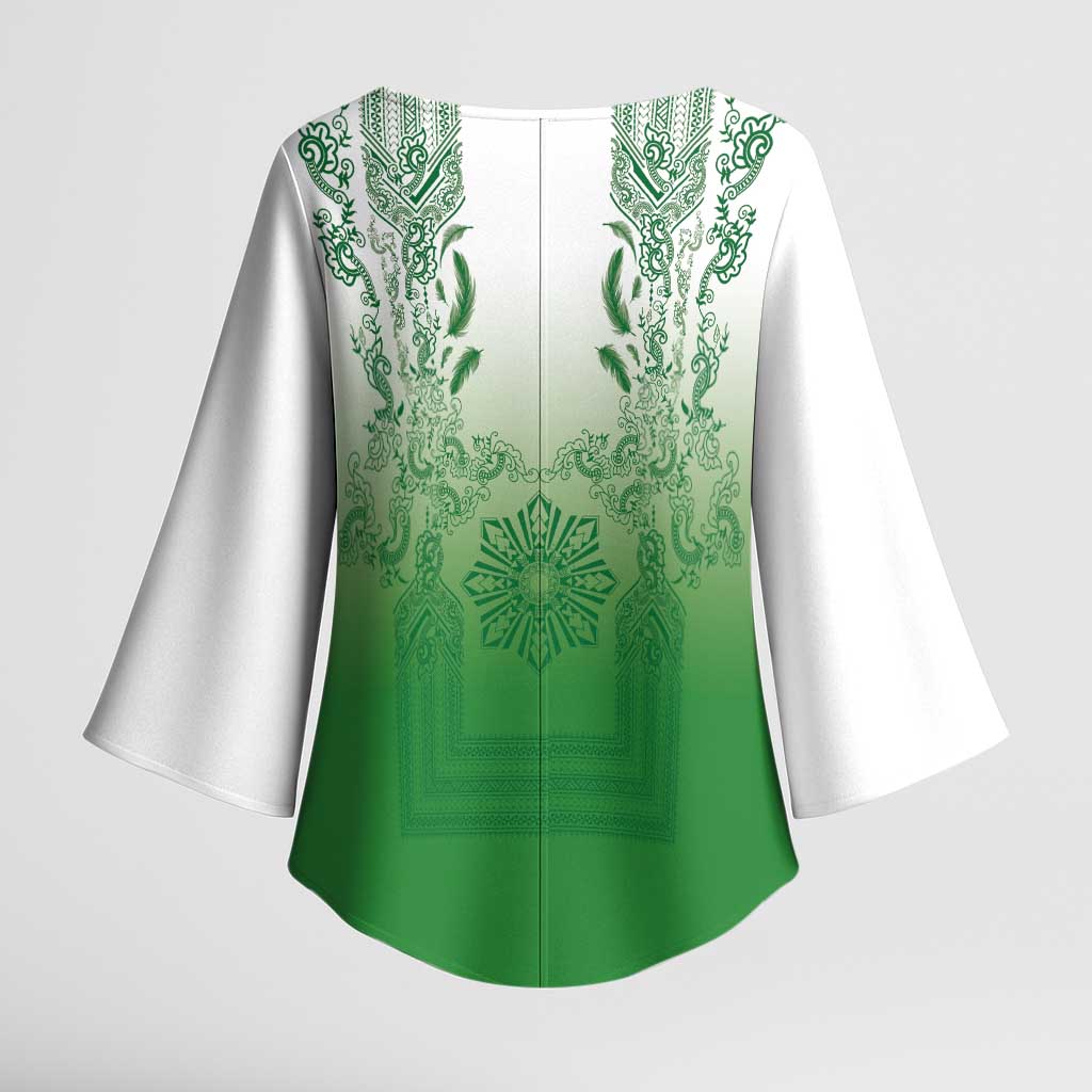 Philippines Barong Style Kimono Sleeve Blouse with Polynesian Art and Leaf Motif Green Color LT03 - Polynesian Pride