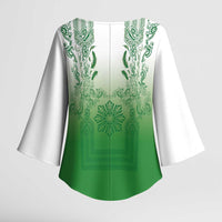 Philippines Barong Style Kimono Sleeve Blouse with Polynesian Art and Leaf Motif Green Color LT03 - Polynesian Pride