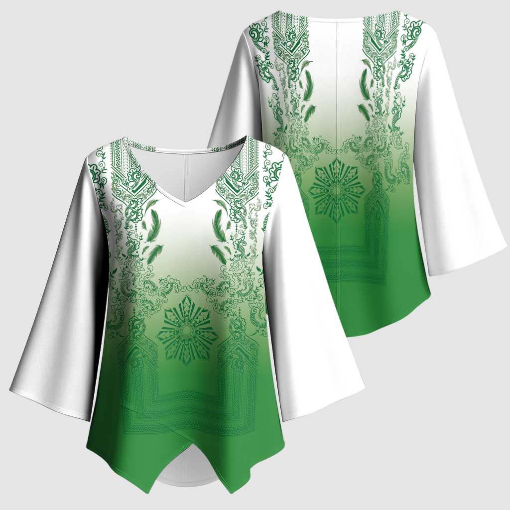 Philippines Barong Style Kimono Sleeve Blouse with Polynesian Art and Leaf Motif Green Color LT03 - Polynesian Pride
