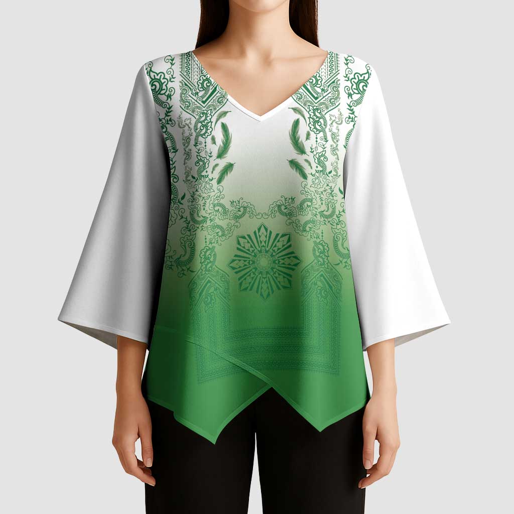 Philippines Barong Style Kimono Sleeve Blouse with Polynesian Art and Leaf Motif Green Color LT03 - Polynesian Pride