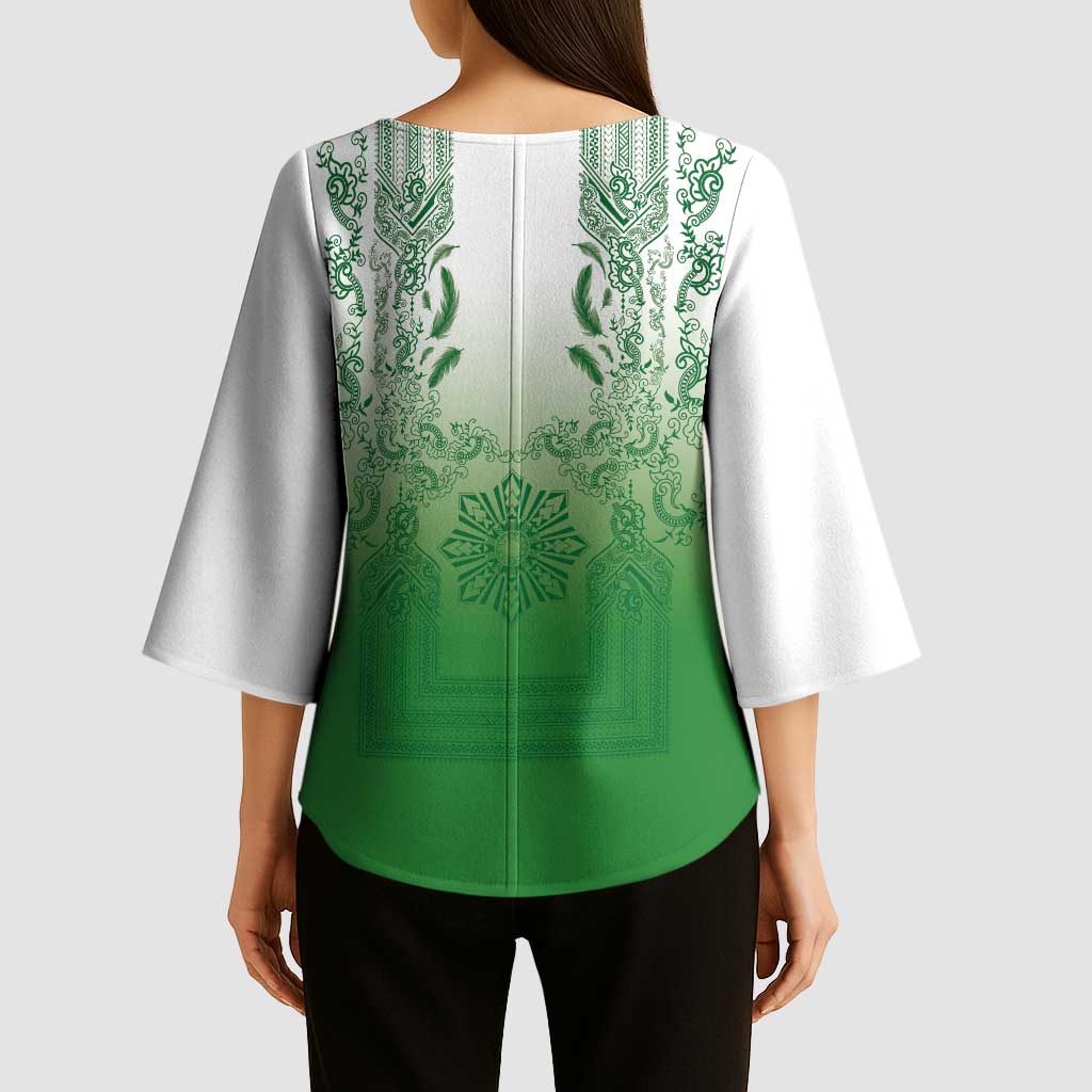 Philippines Barong Style Kimono Sleeve Blouse with Polynesian Art and Leaf Motif Green Color LT03 - Polynesian Pride