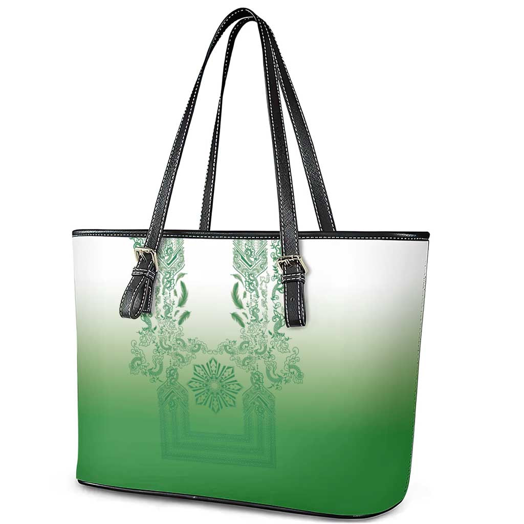 Philippines Barong Style Leather Tote Bag with Polynesian Art and Leaf Motif Green Color LT03 - Polynesian Pride