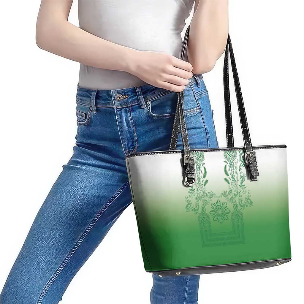 Philippines Barong Style Leather Tote Bag with Polynesian Art and Leaf Motif Green Color LT03 - Polynesian Pride