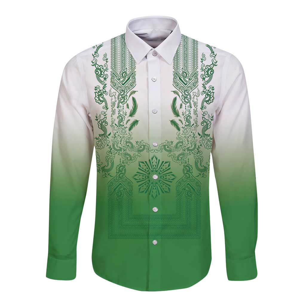 Philippines Barong Style Long Sleeve Button Shirt with Polynesian Art and Leaf Motif Green Color